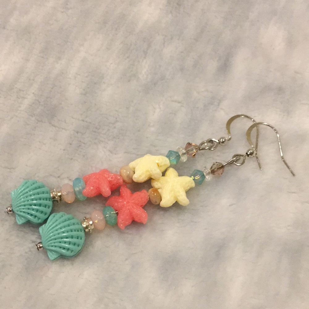 Handcrafted Starfish and Shell Beach Dangle Earrings Swarovski Crystal NWT - Picture 8 of 8
